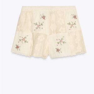 Zara Cream Floral Embroidered High Waist Shorts